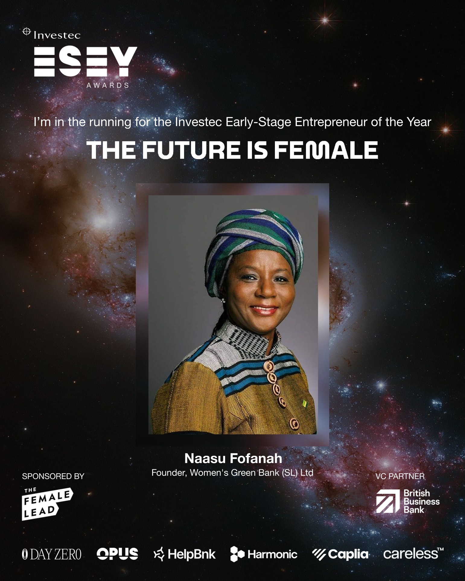 ESEY Awards 2026/27 graphic for Naasu Fofanah, Founder of Women's Green Bank, in the category The Future is Female
