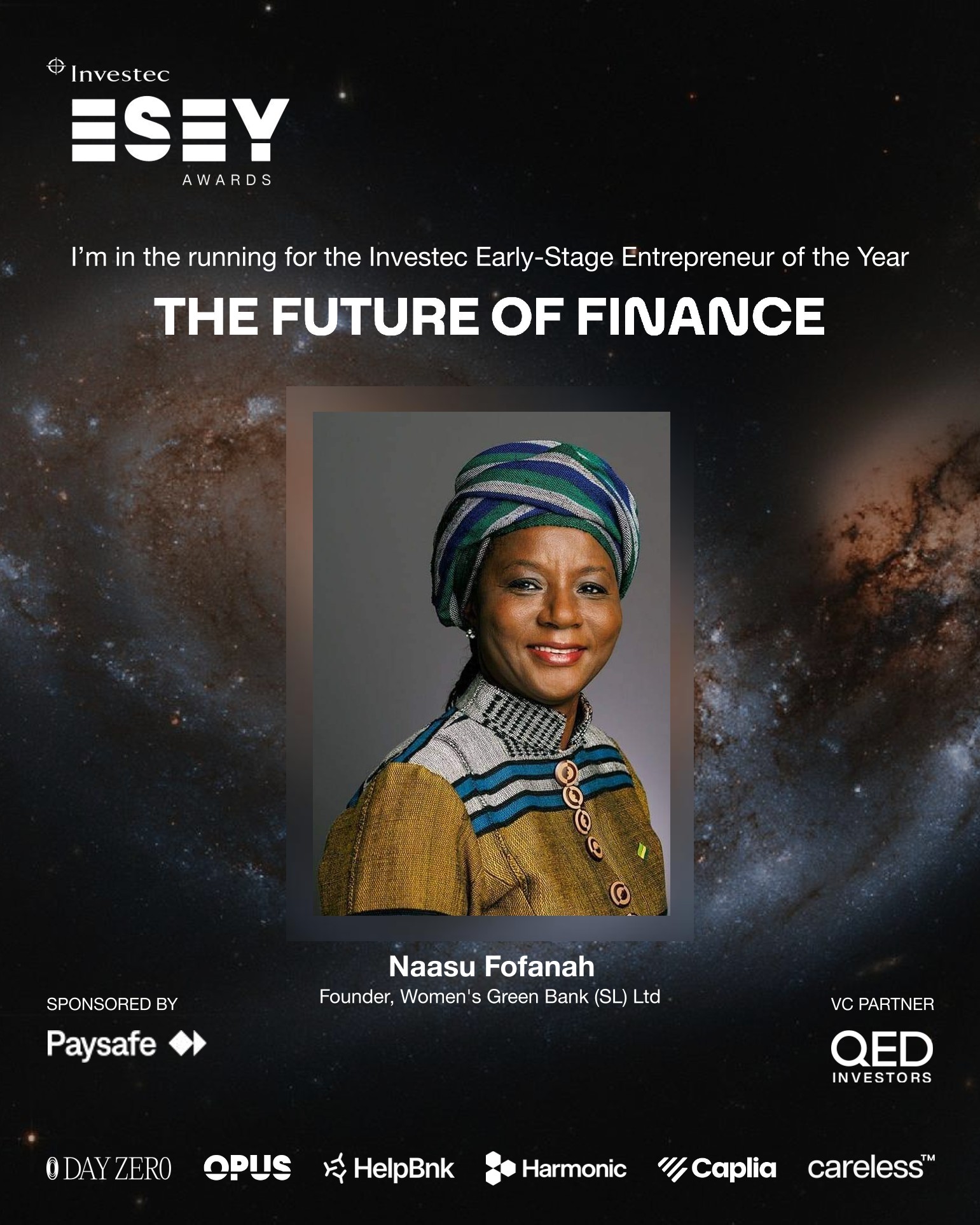 ESEY Awards 2026/27 graphic for Naasu Fofanah, Founder of Women's Green Bank, in the category The Future is Finance