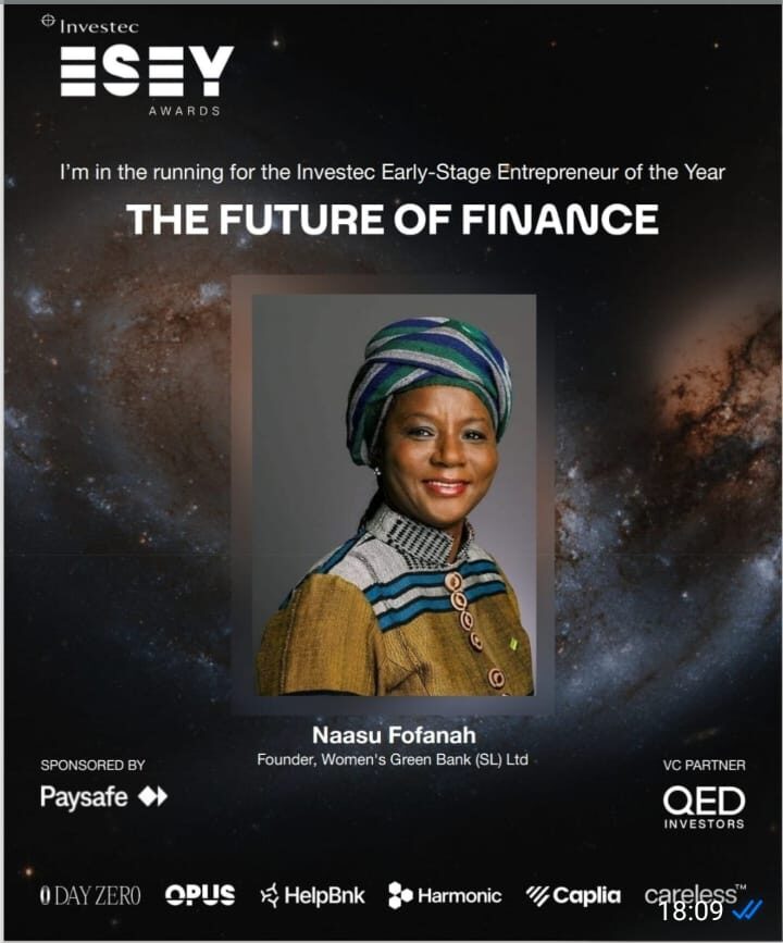 ESEY Awards 2026 graphic for Naasu Fofanah, Founder of Women's Green Bank, in the category The Future is Finance